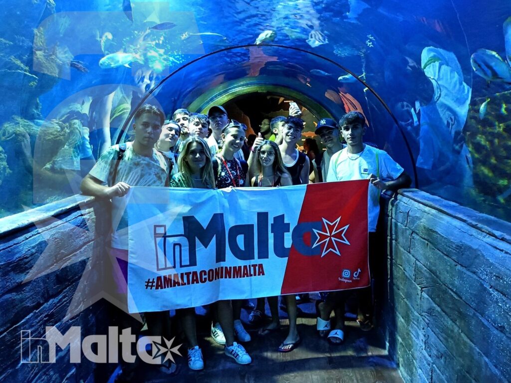 Gruppo inMalta nel tunnel sottomarino dell'acquario Gruppo di studenti posa con la bandiera inMalta nel tunnel panoramico, immerso nella luce blu dell'acquario.