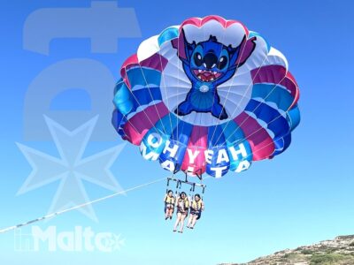 Un gruppo vola sopra il mare sotto una vela decorata con Stitch, mentre la costa rocciosa appare sullo sfondo dell'escursione.