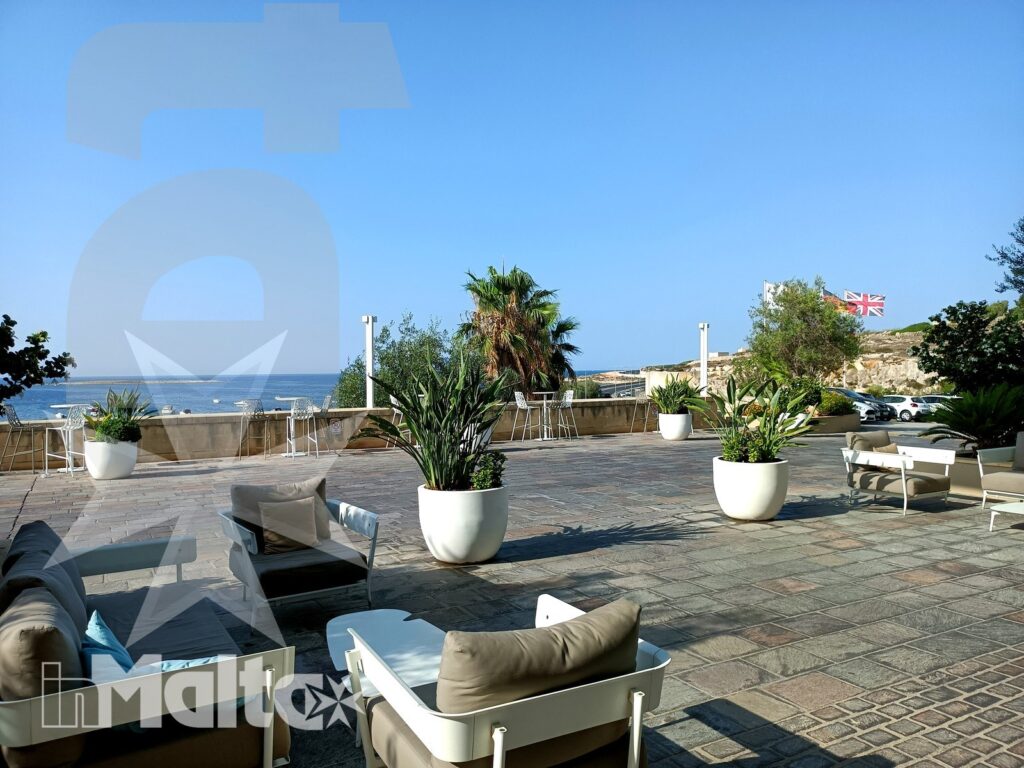 Terrazza panoramica sul mare con sedute, piante ornamentali in vaso e ampia area relax per gli ospiti in vacanza studio.